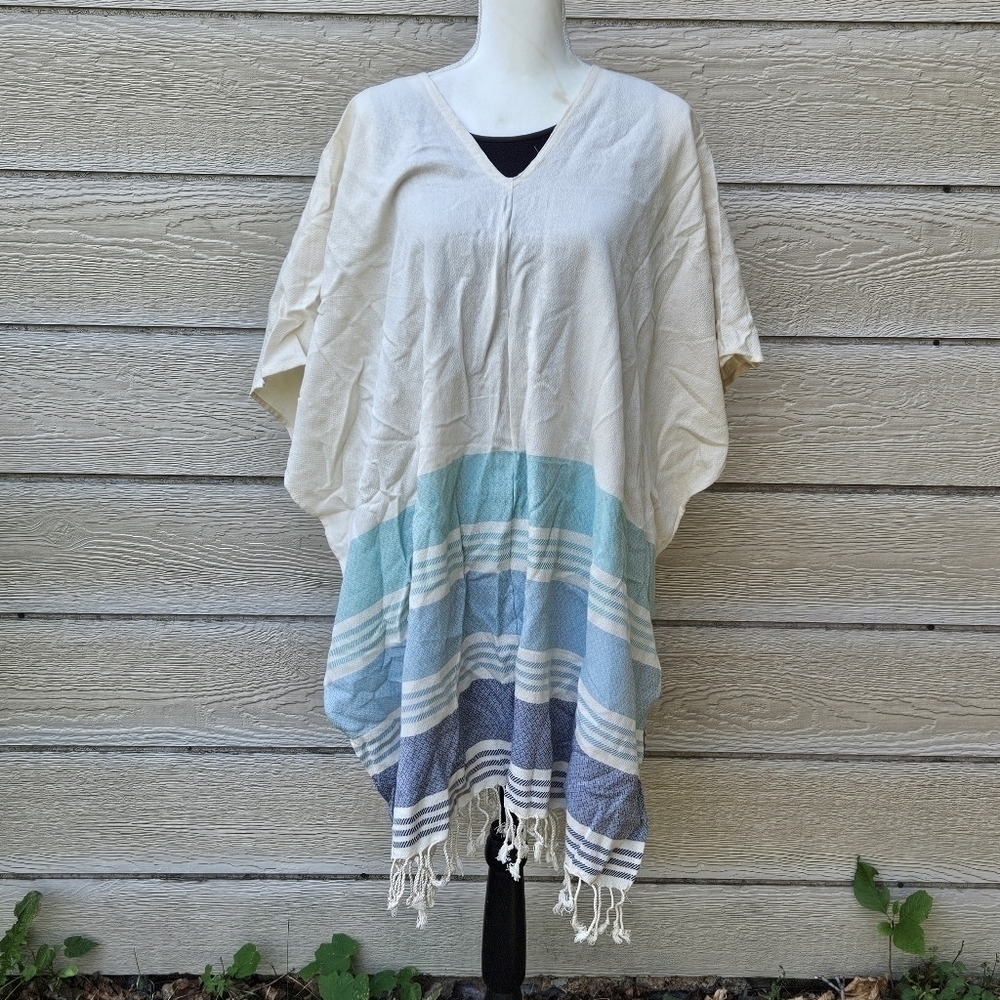 Tribe Alive beige poncho swim cover with blue and green stripes